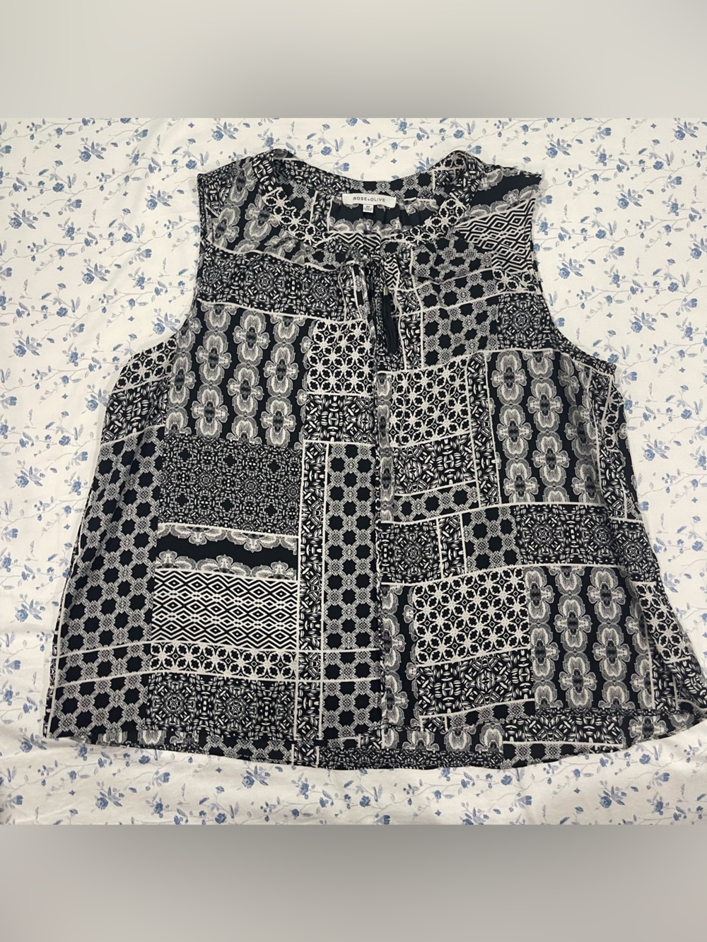 Rose & Olive Black and White Patchwork Print Top